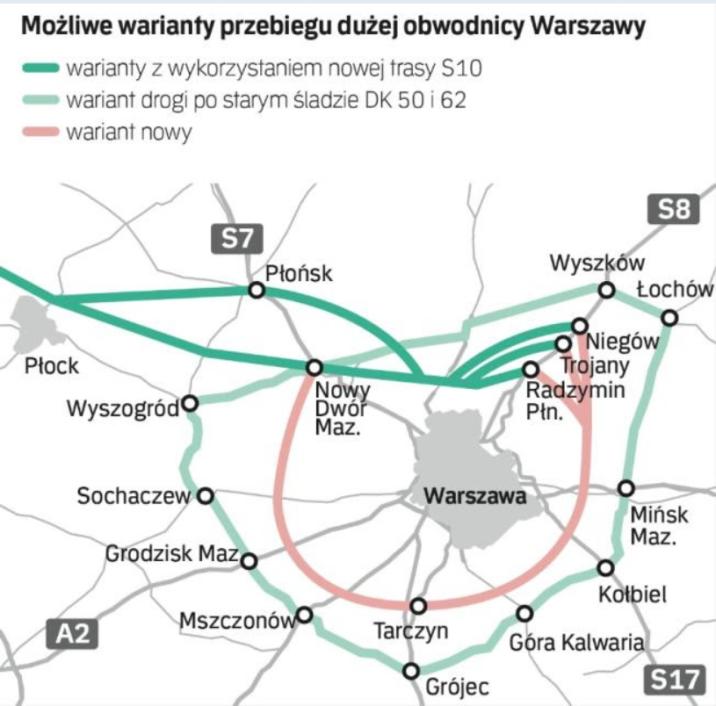 Mapa przedstawiająca możliwe warianty przebiegu dużej obwodnicy Warszawy